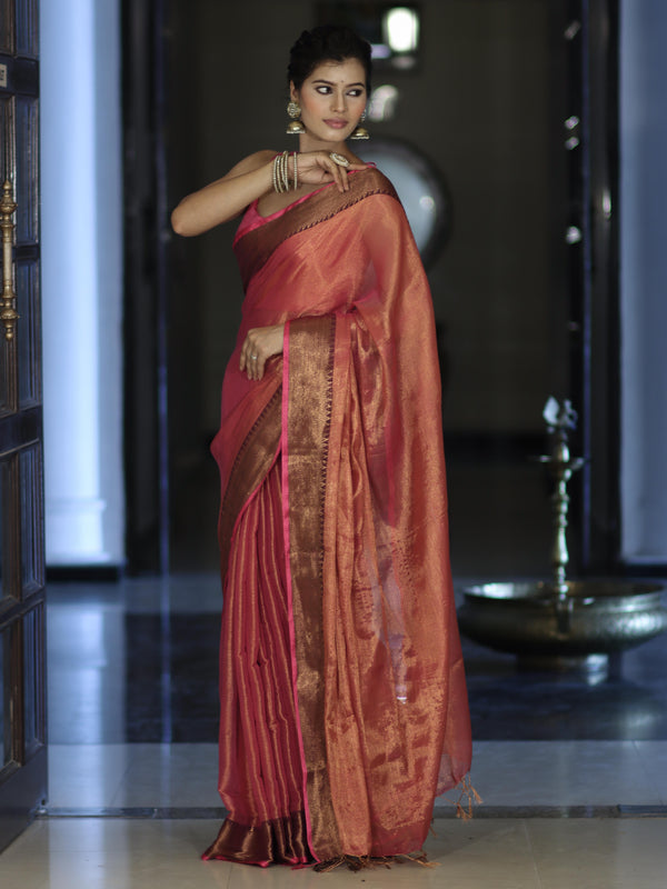 Banarasee Dual Shaded Linen Tissue Saree With Zari Border-Pink
