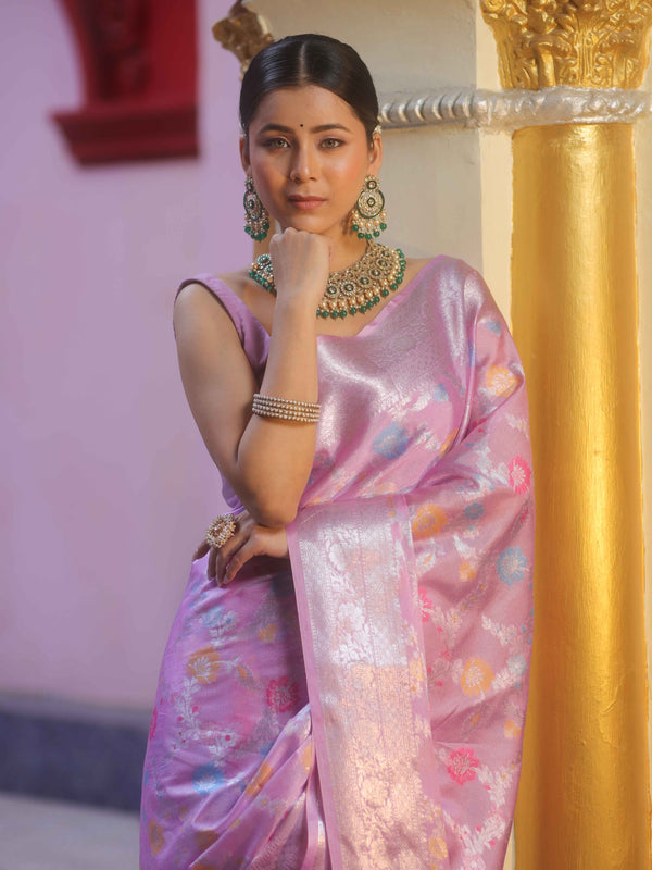 Banarasee Handwoven Semi Silk Saree With Silver Zari & Resham Jaal Design-Lavender