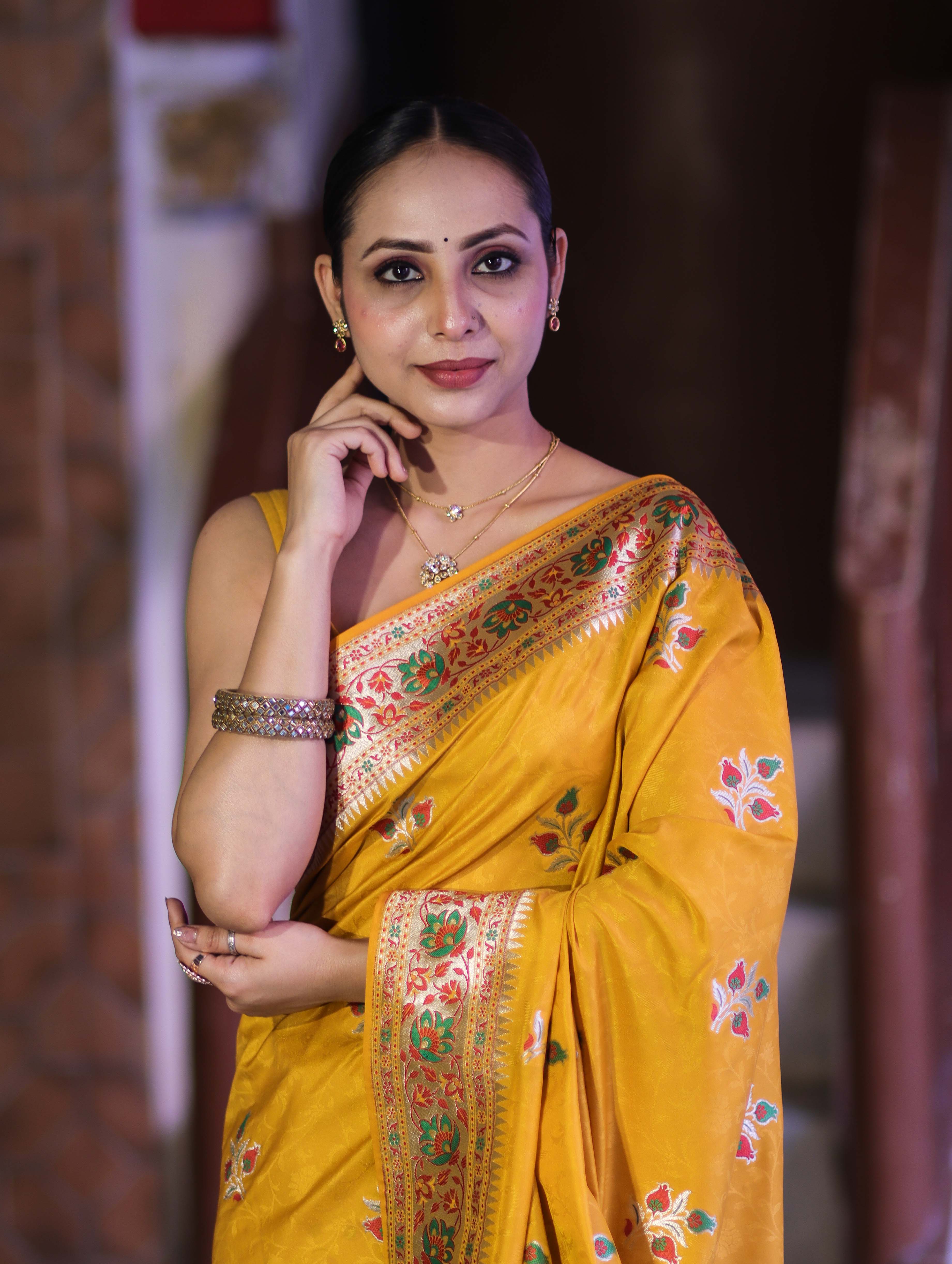 Banarasee Handloom Semi Katan Meena Work Saree-Yellow