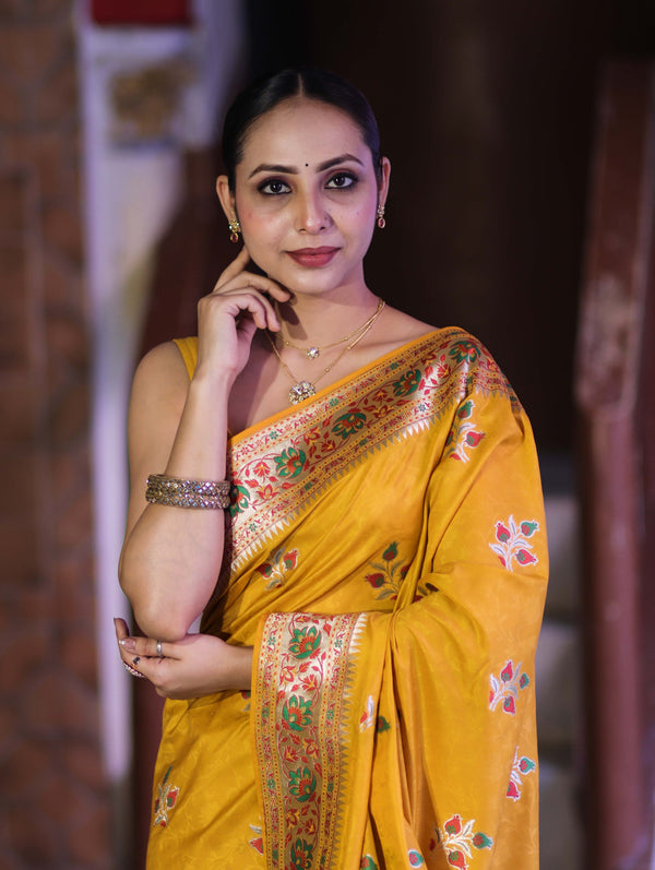 Banarasee Handloom Semi Katan Meena Work Saree-Yellow