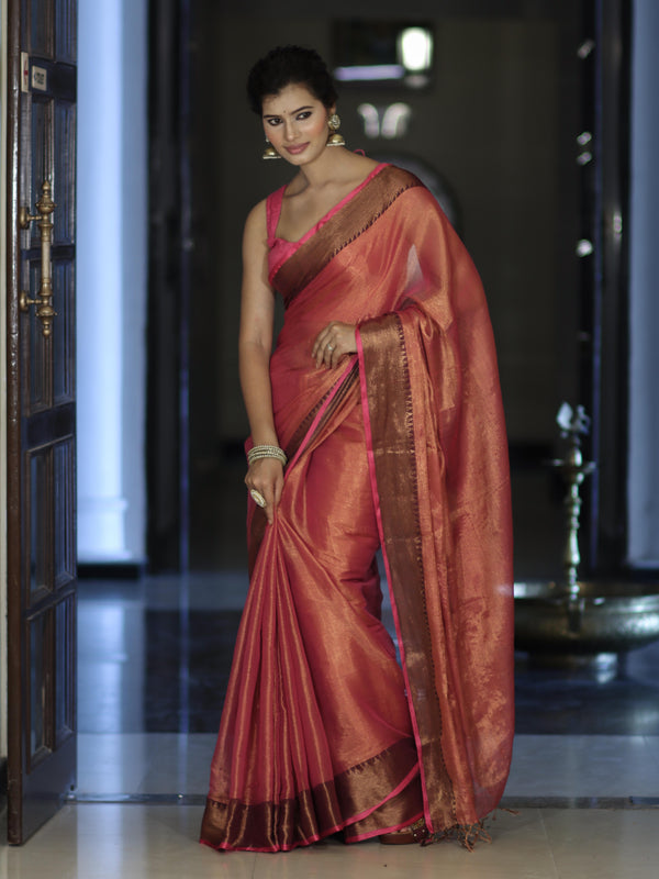 Banarasee Dual Shaded Linen Tissue Saree With Zari Border-Pink