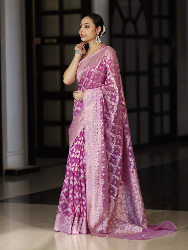 Banarasee Handloom Pure Cotton Silk Saree With Zari Jaal Design-Onion Pink