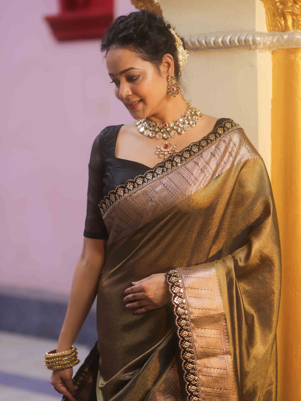 Banarasee Handwoven Tissue Saree With Zari Broder & Lace-Black