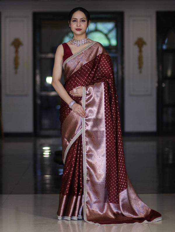 Banarasee Semi Chiffon Saree With Buti Design Broad Zari Border & Lace-Burgundy