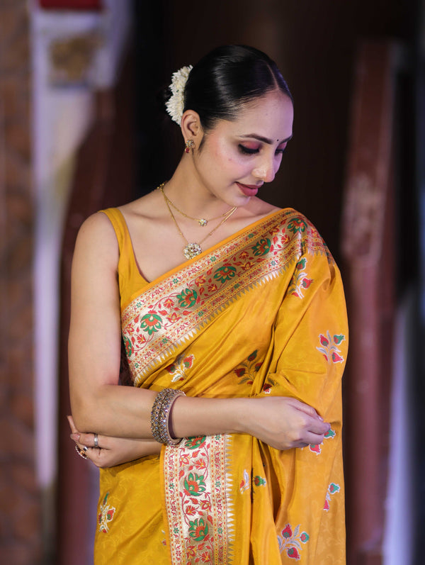 Banarasee Handloom Semi Katan Meena Work Saree-Yellow