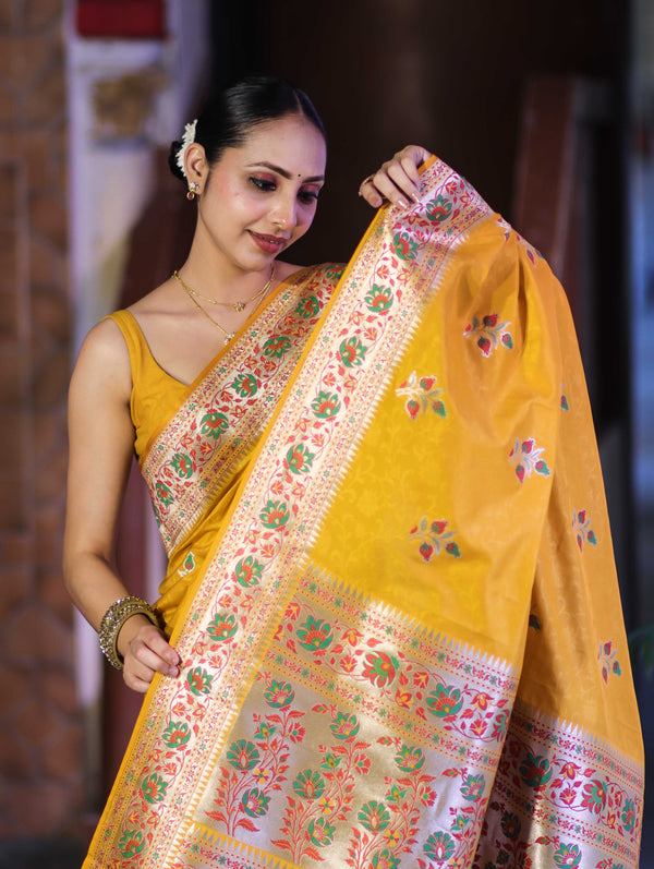 Banarasee Handloom Semi Katan Meena Work Saree-Yellow