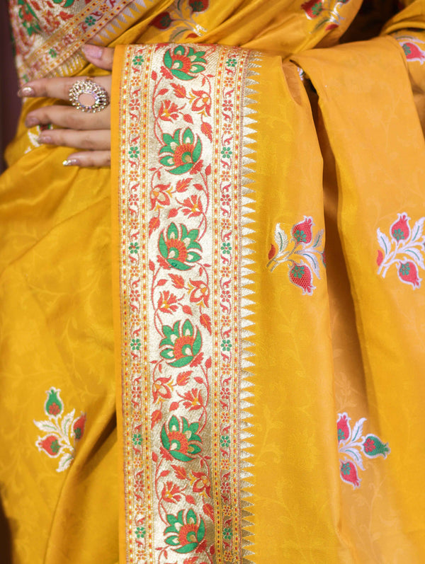 Banarasee Handloom Semi Katan Meena Work Saree-Yellow