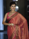 Banarasee Dual Shaded Linen Tissue Saree With Zari Border-Pink