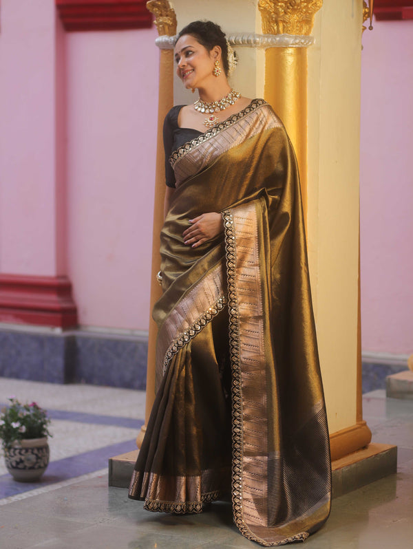 Banarasee Handwoven Tissue Saree With Zari Broder & Lace-Black