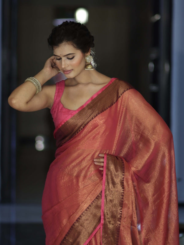 Banarasee Dual Shaded Linen Tissue Saree With Zari Border-Pink