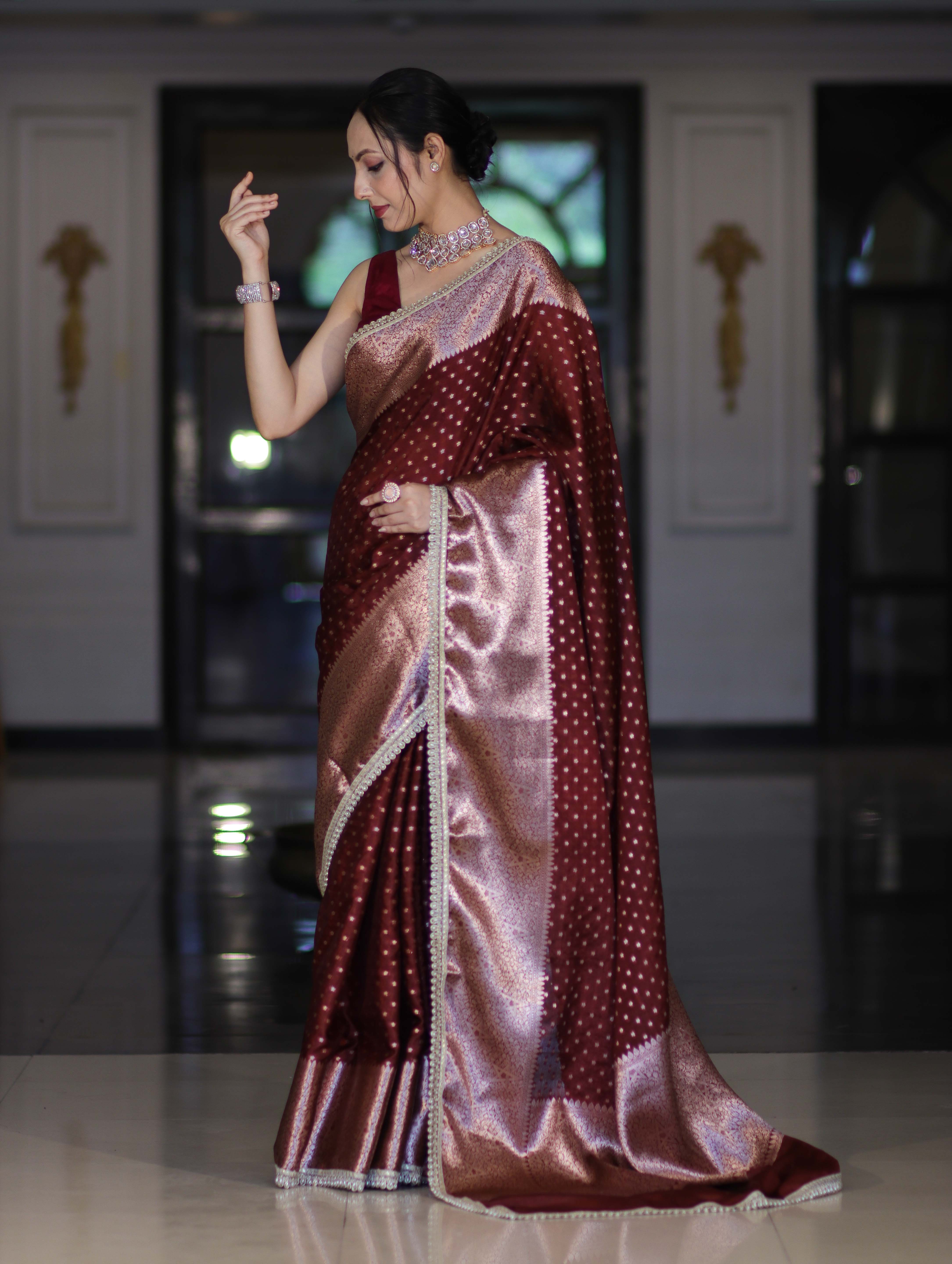 Banarasee Semi Chiffon Saree With Buti Design Broad Zari Border & Lace-Burgundy