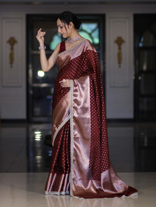 Banarasee Semi Chiffon Saree With Buti Design Broad Zari Border & Lace-Burgundy