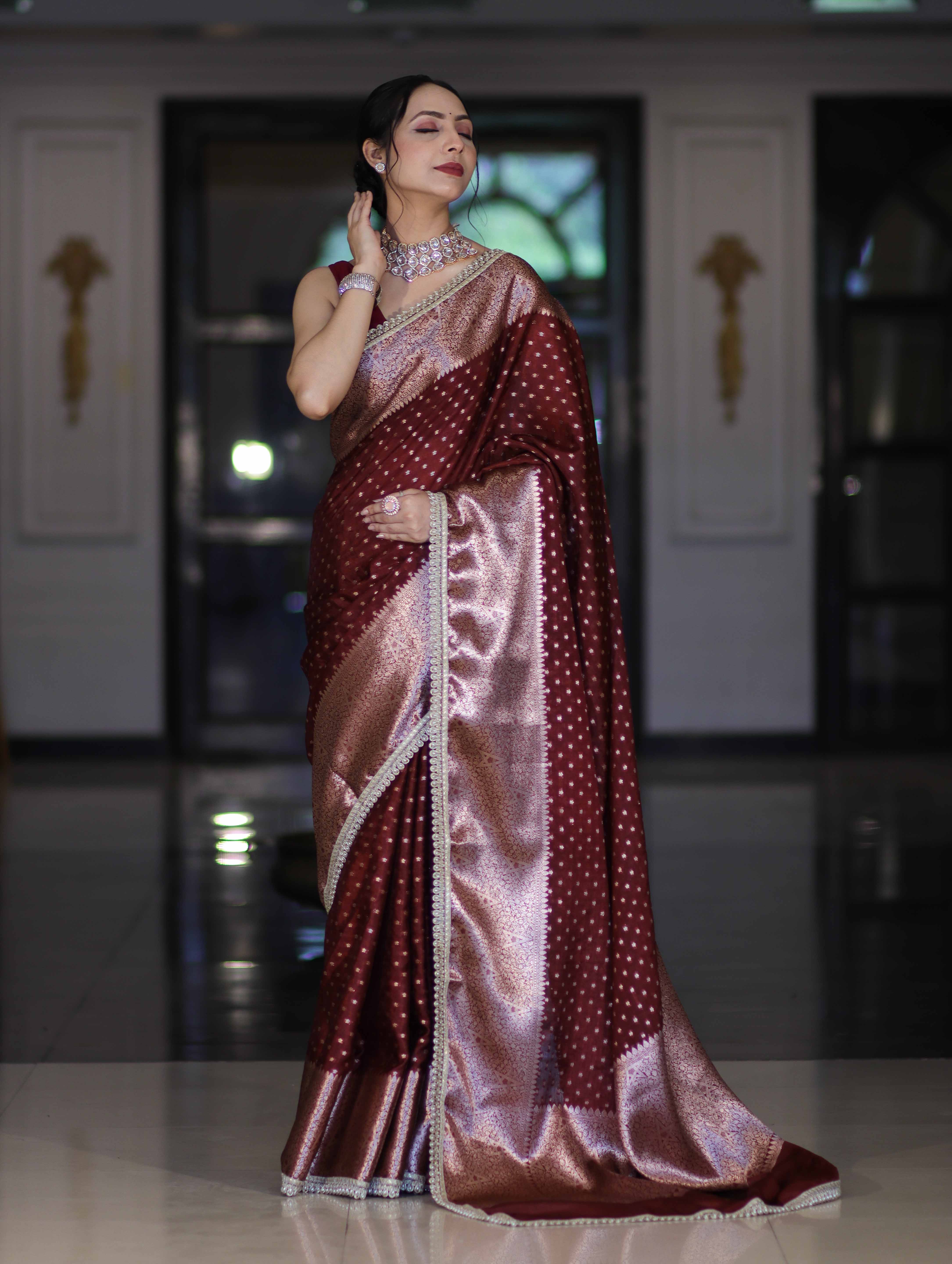 Banarasee Semi Chiffon Saree With Buti Design Broad Zari Border & Lace-Burgundy