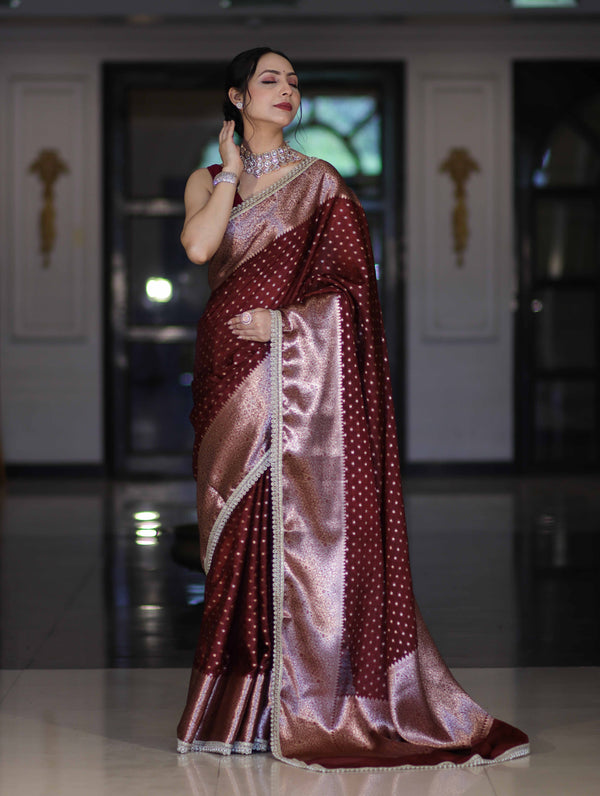 Banarasee Semi Chiffon Saree With Buti Design Broad Zari Border & Lace-Burgundy