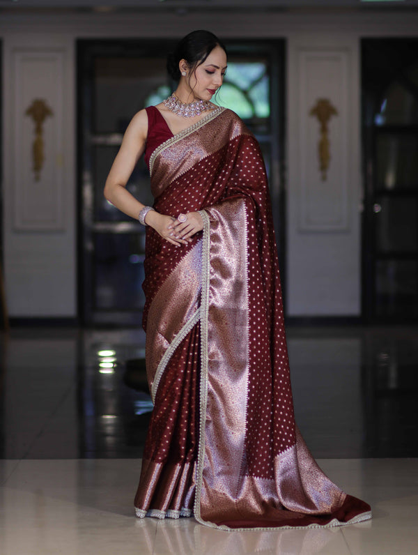 Banarasee Semi Chiffon Saree With Buti Design Broad Zari Border & Lace-Burgundy