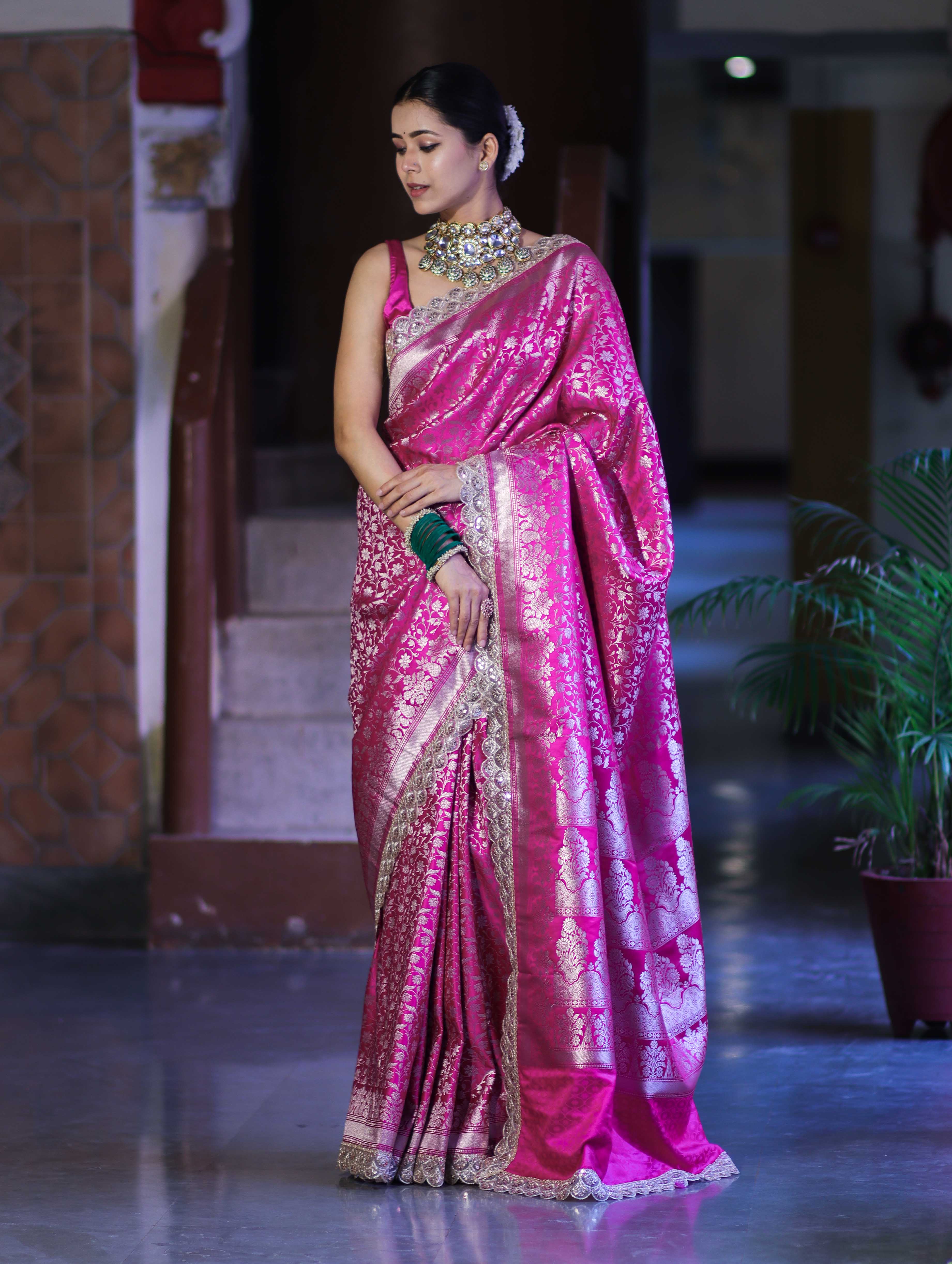 Banarasee Handloom Mashru Silk Saree With Heavy Zari Jaal & Lace Border-Pink