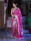 Banarasee Handloom Mashru Silk Saree With Heavy Zari Jaal & Lace Border-Pink