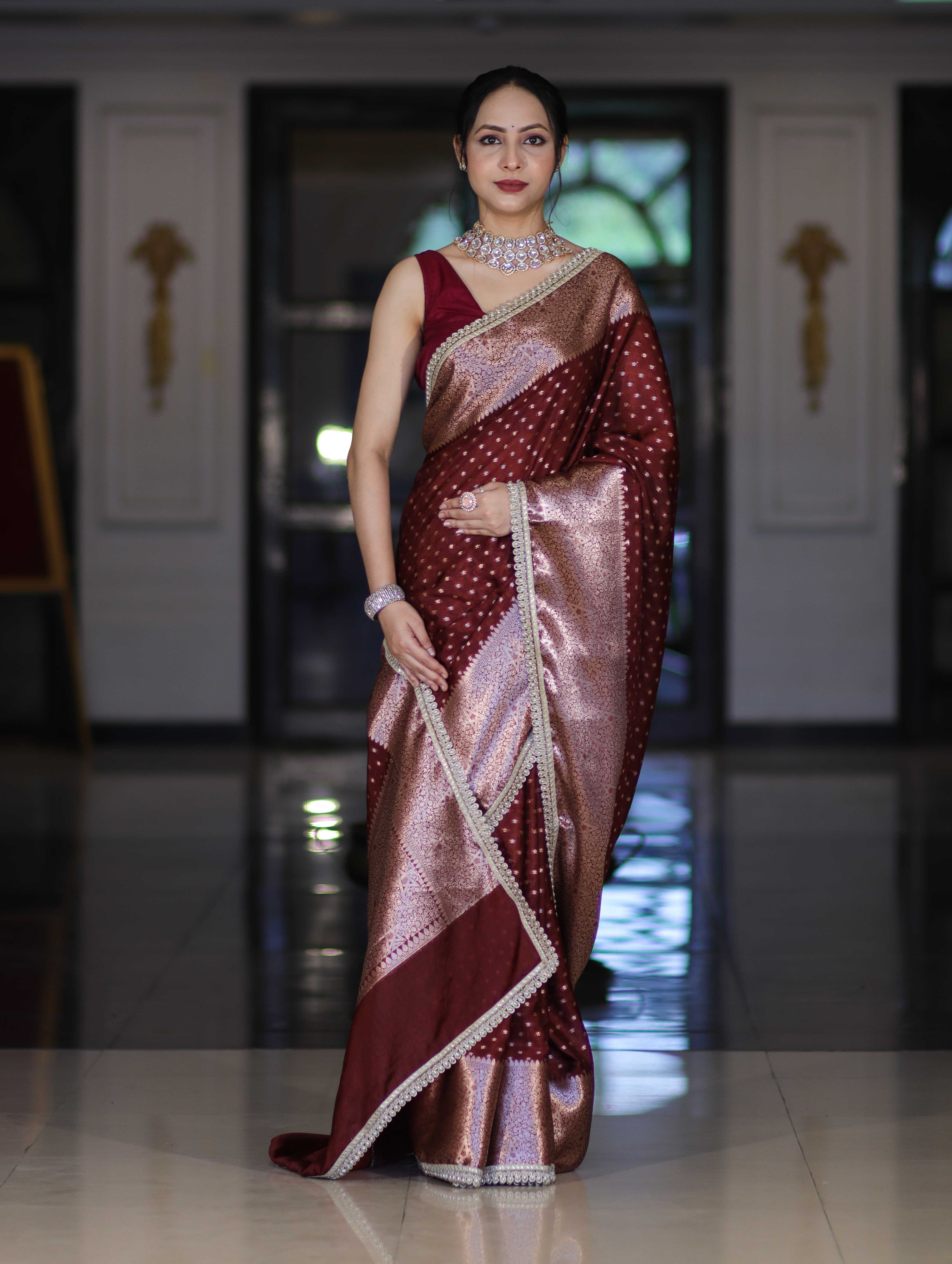Banarasee Semi Chiffon Saree With Buti Design Broad Zari Border & Lace-Burgundy