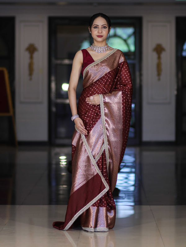 Banarasee Semi Chiffon Saree With Buti Design Broad Zari Border & Lace-Burgundy