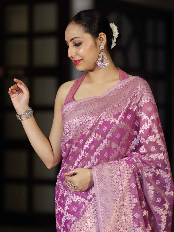Banarasee Handloom Pure Cotton Silk Saree With Zari Jaal Design-Onion Pink