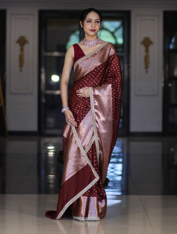 Banarasee Semi Chiffon Saree With Buti Design Broad Zari Border & Lace-Burgundy