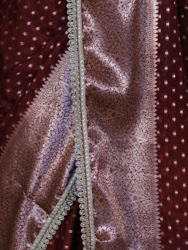 Banarasee Semi Chiffon Saree With Buti Design Broad Zari Border & Lace-Burgundy