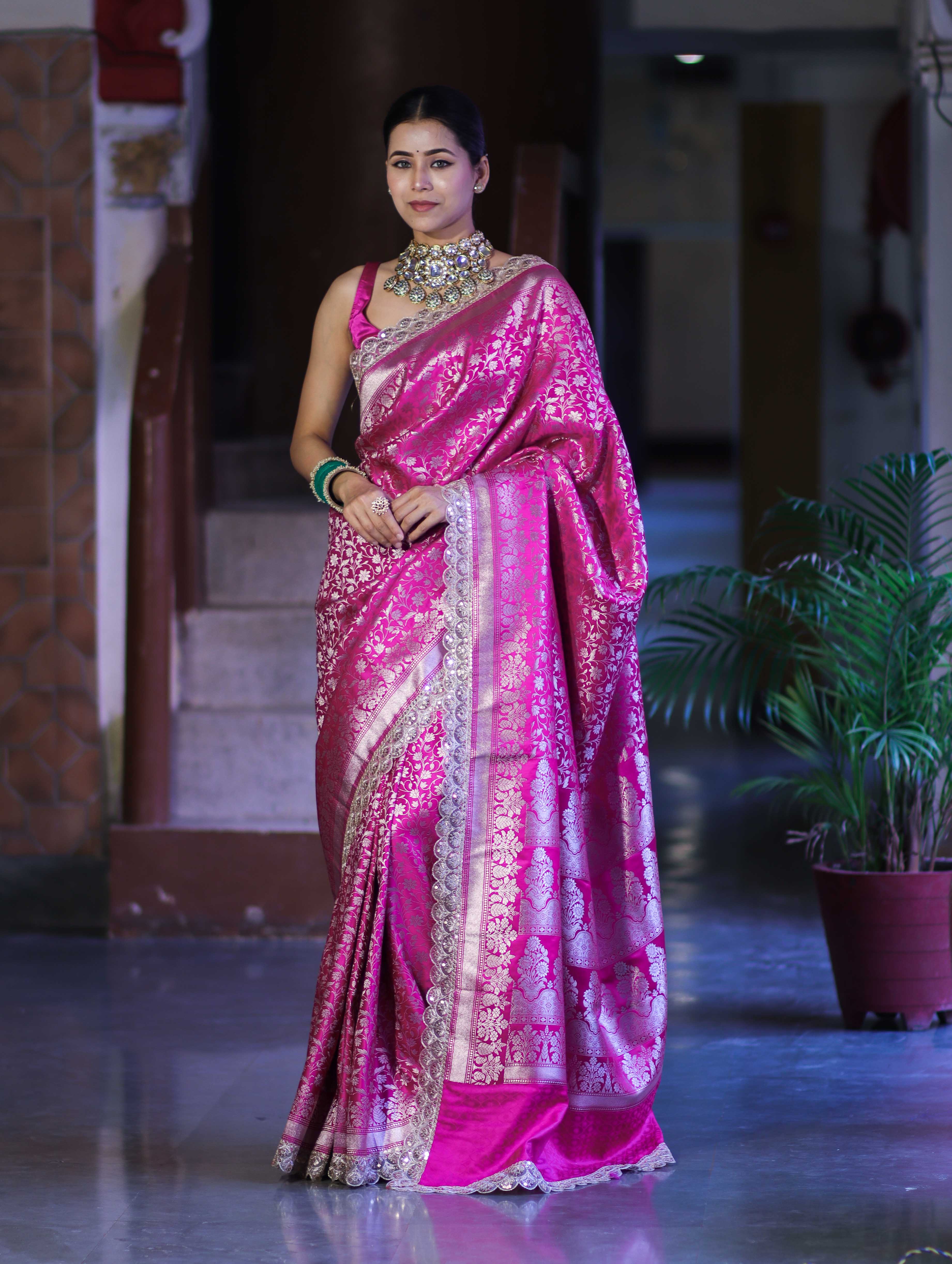 Banarasee Handloom Mashru Silk Saree With Heavy Zari Jaal & Lace Border-Pink