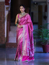 Banarasee Handloom Mashru Silk Saree With Heavy Zari Jaal & Lace Border-Pink