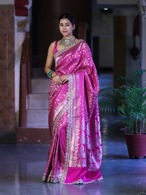 Banarasee Handloom Mashru Silk Saree With Heavy Zari Jaal & Lace Border-Pink