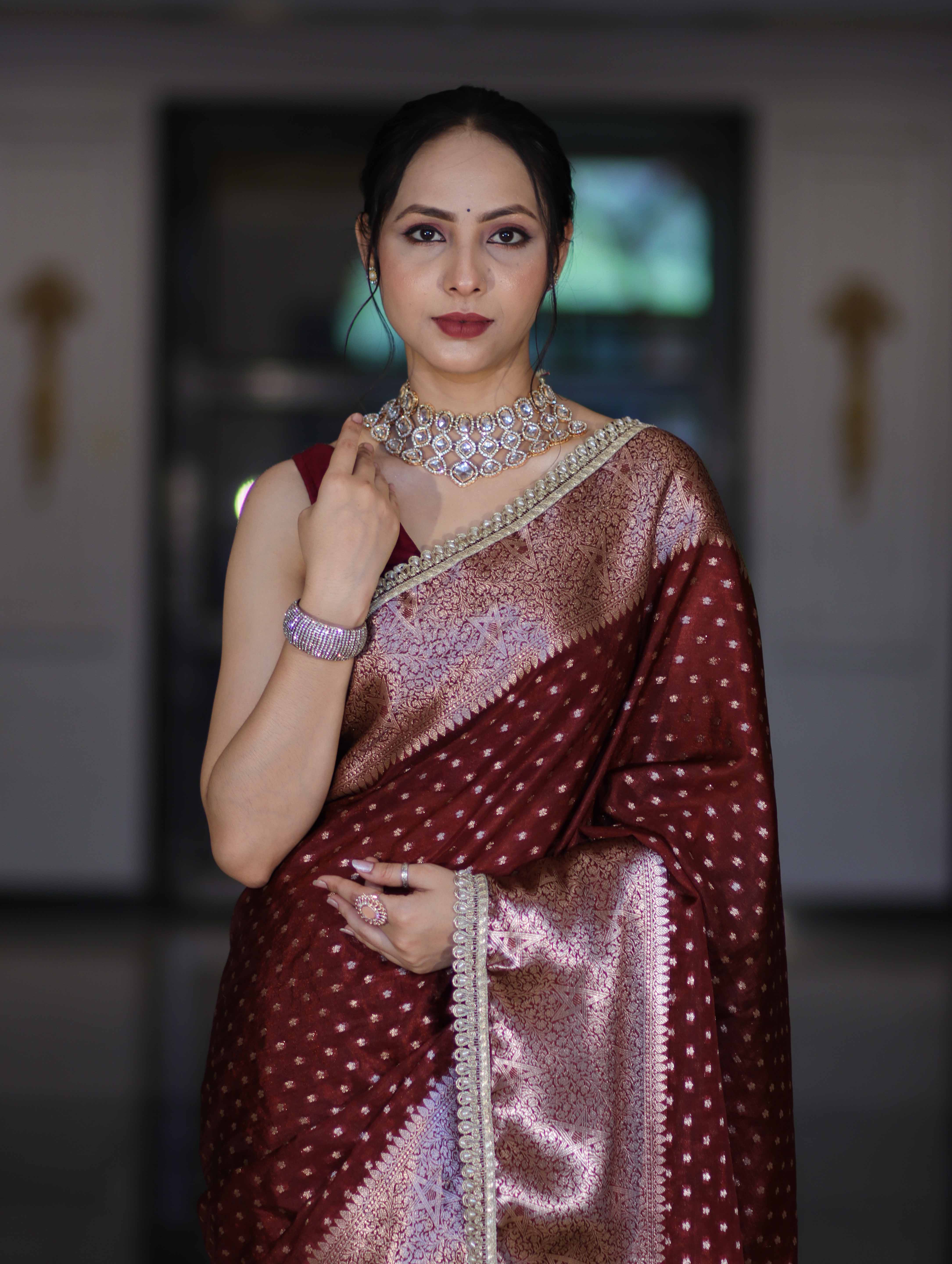 Banarasee Semi Chiffon Saree With Buti Design Broad Zari Border & Lace-Burgundy