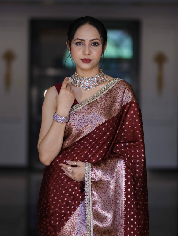 Banarasee Semi Chiffon Saree With Buti Design Broad Zari Border & Lace-Burgundy