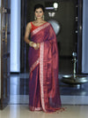 Banarasee Dual Shaded Linen Tissue Saree With Floral Border-Violet