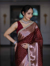 Banarasee Semi Chiffon Saree With Buti Design Broad Zari Border & Lace-Burgundy
