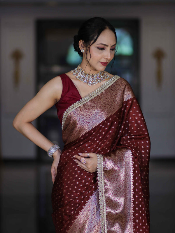 Banarasee Semi Chiffon Saree With Buti Design Broad Zari Border & Lace-Burgundy