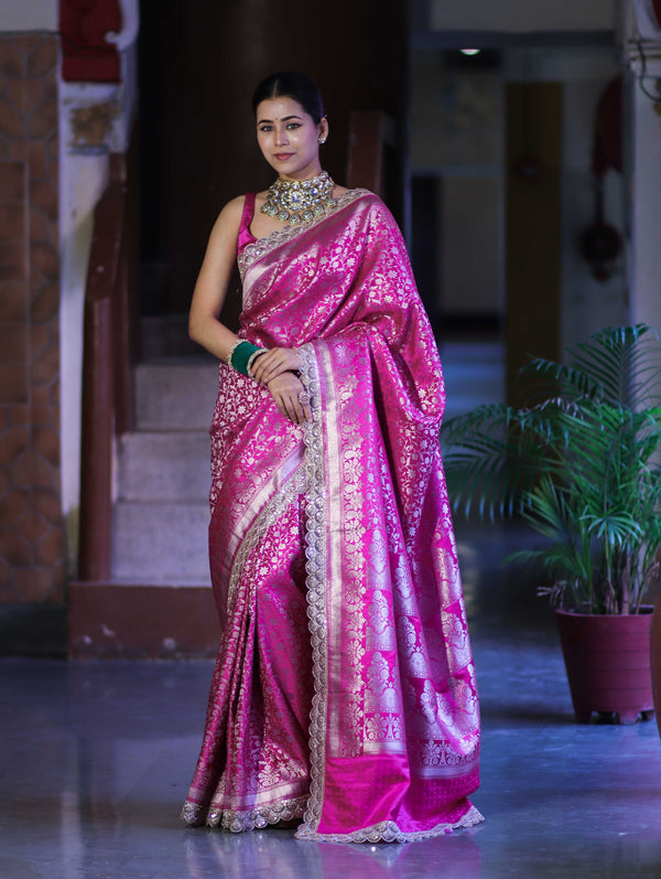 Banarasee Handloom Mashru Silk Saree With Heavy Zari Jaal & Lace Border-Pink