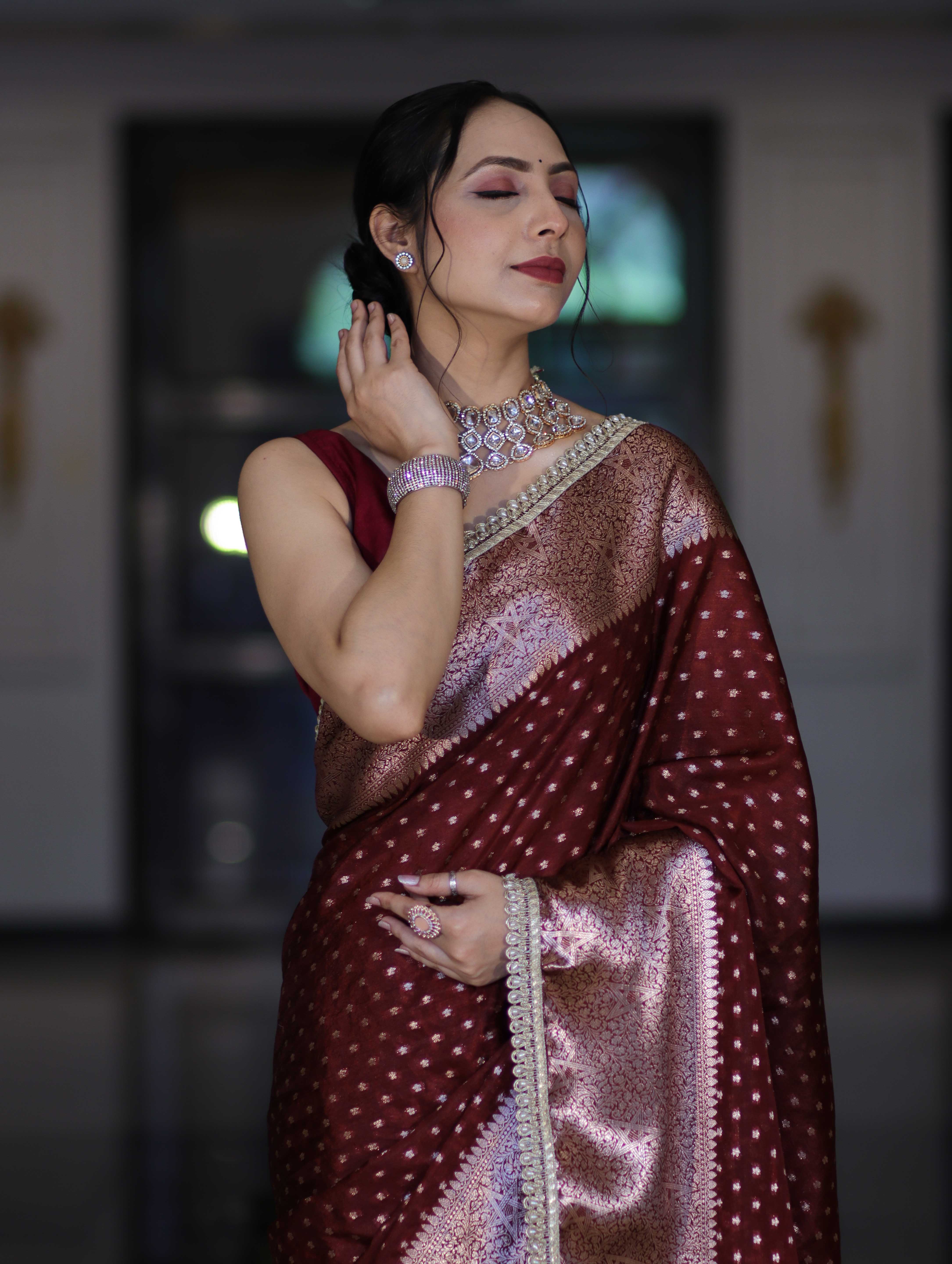 Banarasee Semi Chiffon Saree With Buti Design Broad Zari Border & Lace-Burgundy