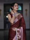 Banarasee Semi Chiffon Saree With Buti Design Broad Zari Border & Lace-Burgundy
