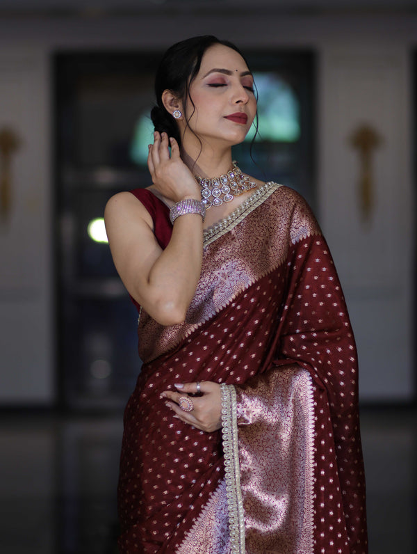 Banarasee Semi Chiffon Saree With Buti Design Broad Zari Border & Lace-Burgundy