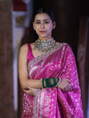 Banarasee Handloom Mashru Silk Saree With Heavy Zari Jaal & Lace Border-Pink