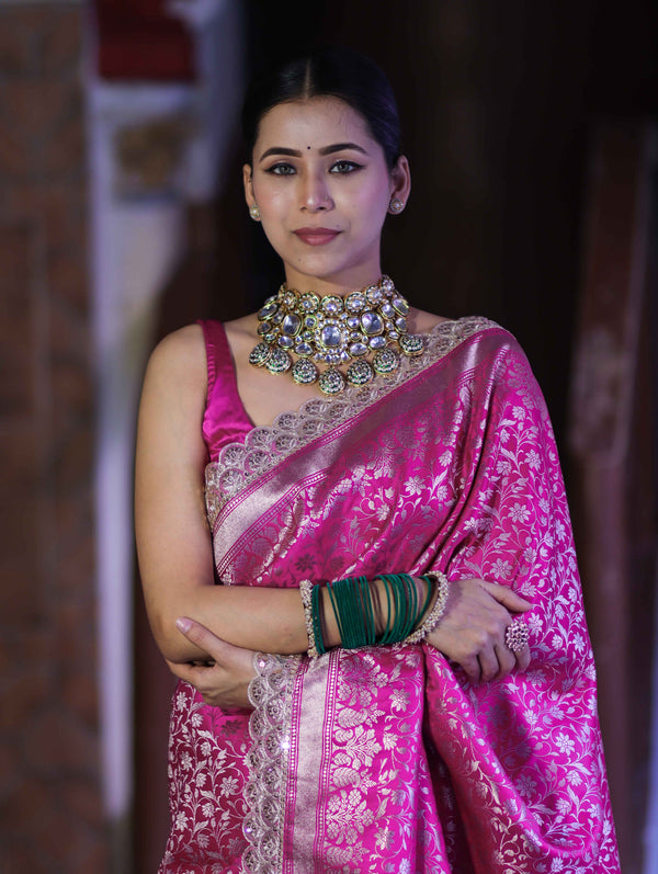 Banarasee Handloom Mashru Silk Saree With Heavy Zari Jaal & Lace Border-Pink