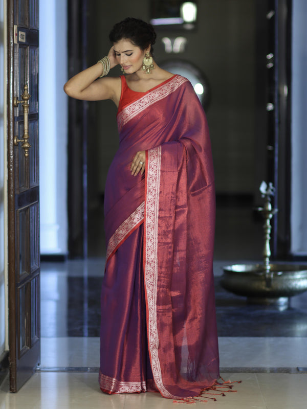 Banarasee Dual Shaded Linen Tissue Saree With Floral Border-Violet