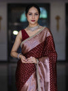 Banarasee Semi Chiffon Saree With Buti Design Broad Zari Border & Lace-Burgundy