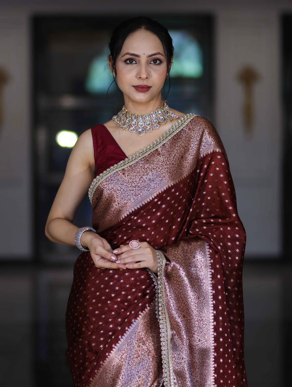 Banarasee Semi Chiffon Saree With Buti Design Broad Zari Border & Lace-Burgundy