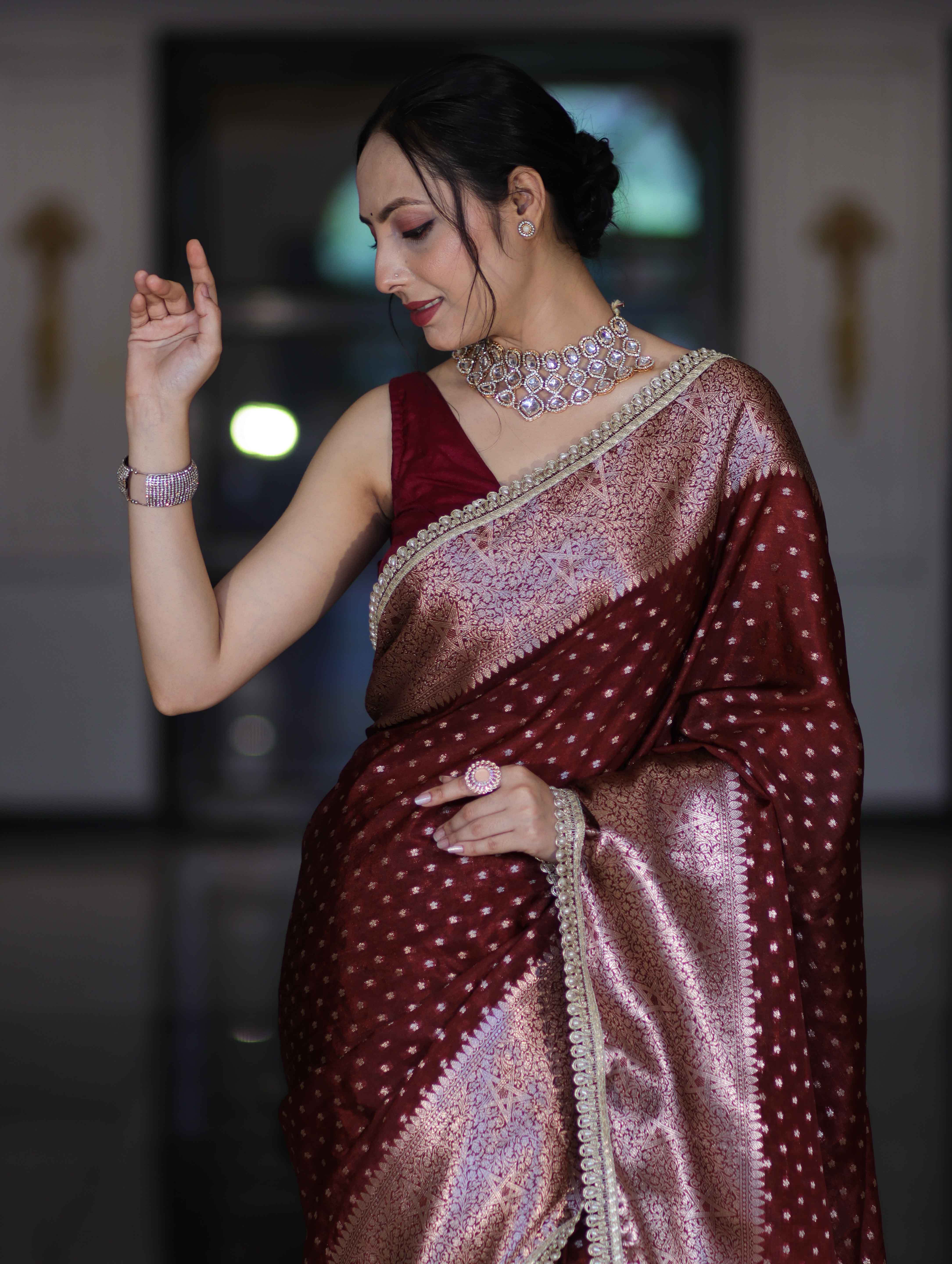 Banarasee Semi Chiffon Saree With Buti Design Broad Zari Border & Lace-Burgundy
