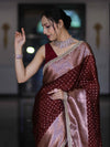 Banarasee Semi Chiffon Saree With Buti Design Broad Zari Border & Lace-Burgundy