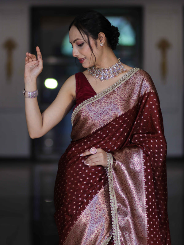 Banarasee Semi Chiffon Saree With Buti Design Broad Zari Border & Lace-Burgundy