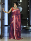 Banarasee Dual Shaded Linen Tissue Saree With Floral Border-Violet