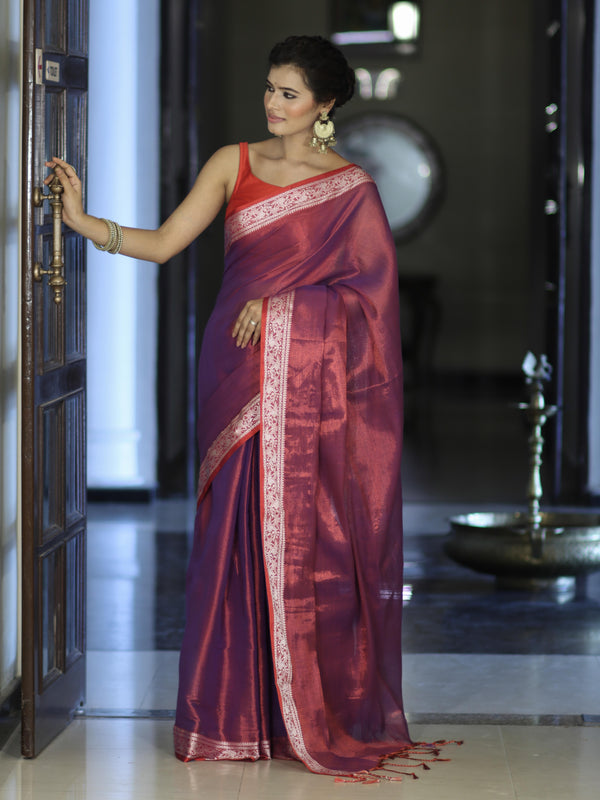 Banarasee Dual Shaded Linen Tissue Saree With Floral Border-Violet