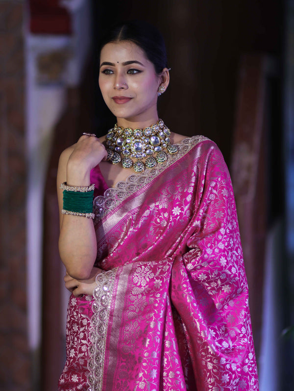 Banarasee Handloom Mashru Silk Saree With Heavy Zari Jaal & Lace Border-Pink