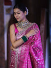Banarasee Handloom Mashru Silk Saree With Heavy Zari Jaal & Lace Border-Pink